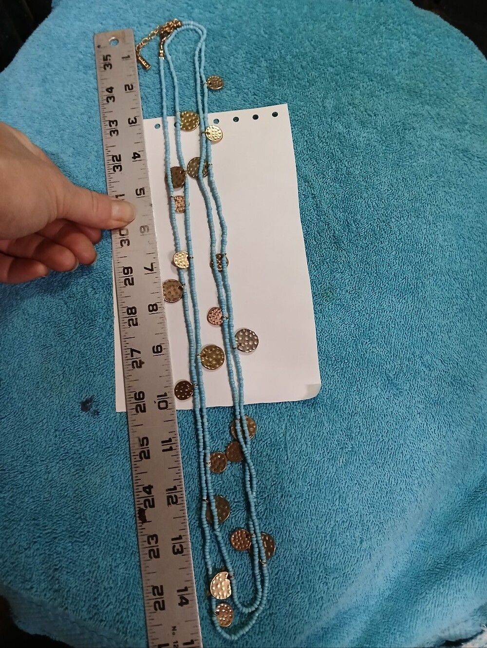 Layered Light Blue Seed Beaded Necklace with Gold Discs